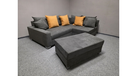 Nová malá rohová sedačka s polštáři šedooranžová