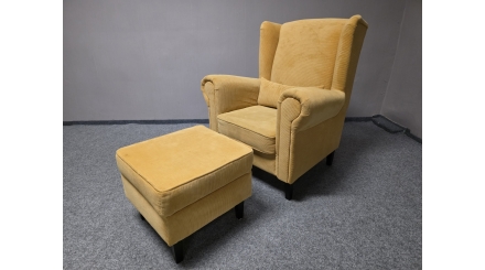 Nové žluté křeslo ušák s taburetkou manšestr